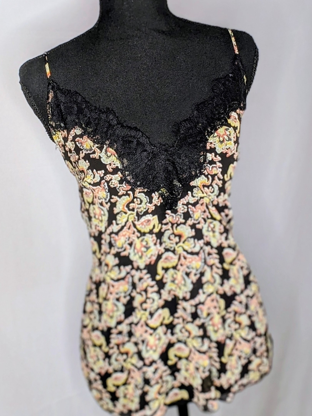 Free People Intimately Lace Trim Paisley Cami Tank Black Boho Top Size S